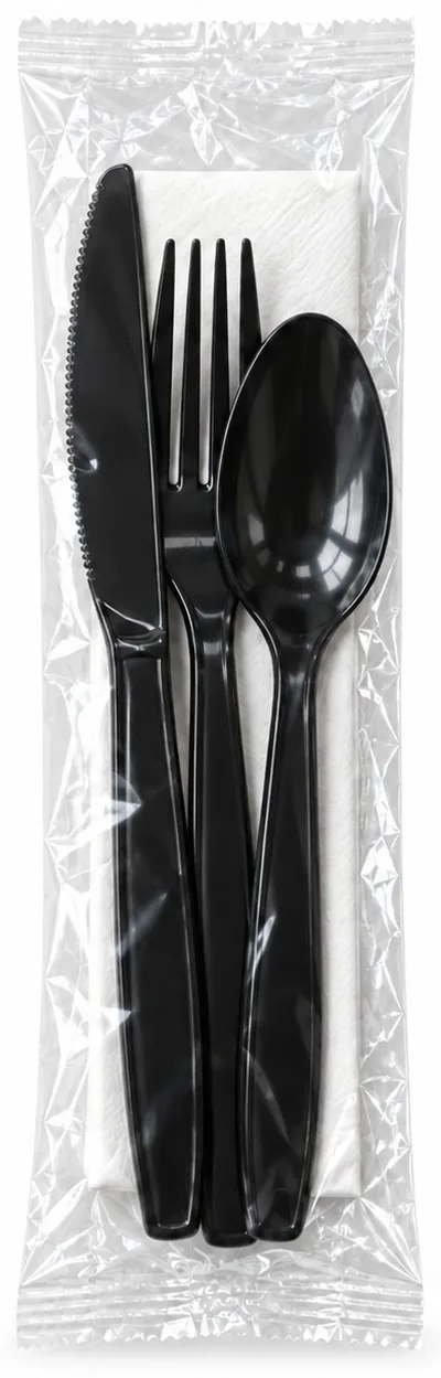 Heavyweight Black Cutlery Kit with Napkin, Medd Max item 4HWKFSNB250