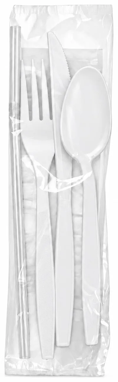 Heavyweight White Cutlery Kit with Flex Straw, Medd Max item HWKFSFSN500