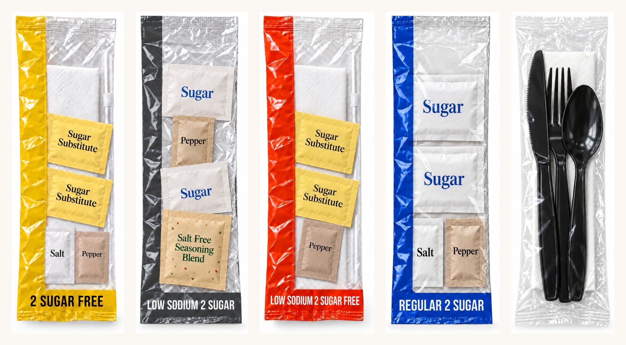 Five Medd Max dietary tray kits: sugar free, low sodium, low sodium sugar free, regular and cutlery