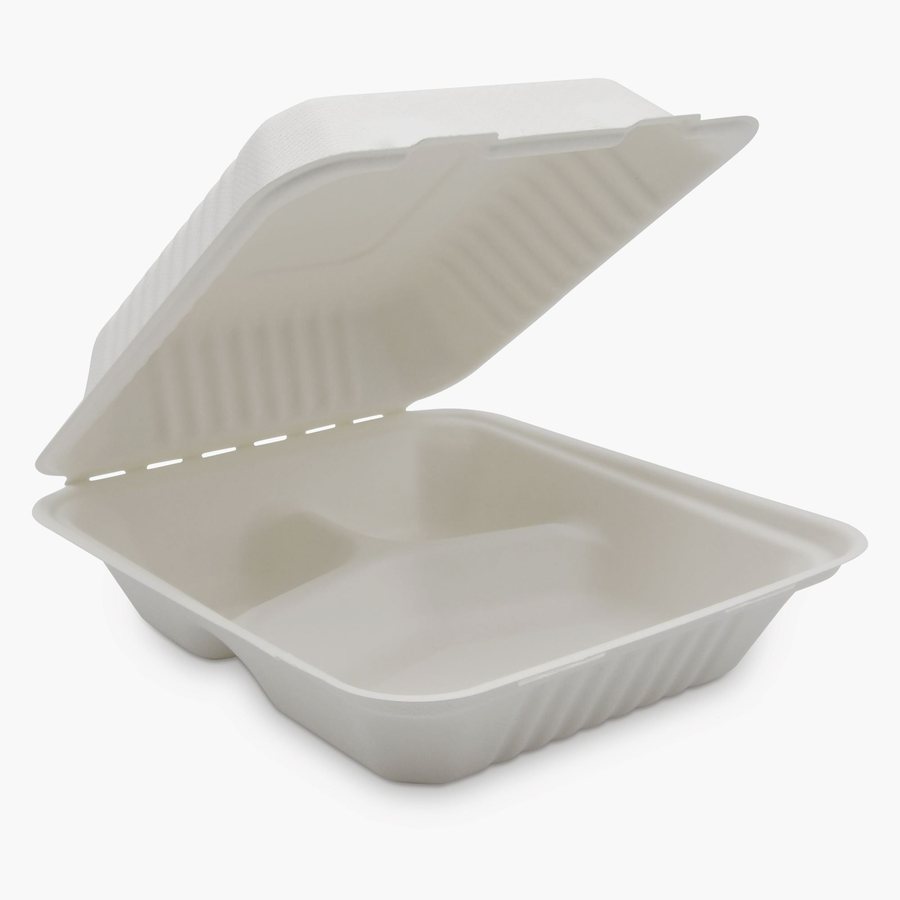 8" 3-Compartment Fiber Clamshell, White